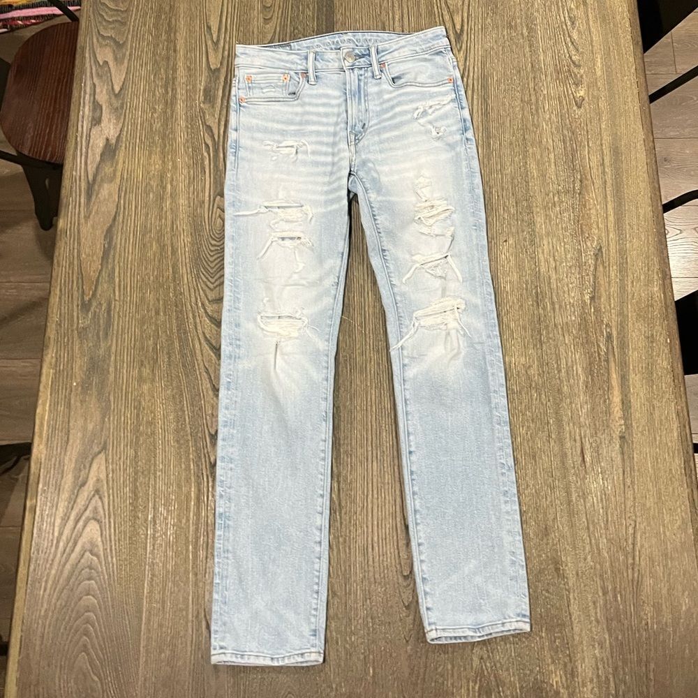 American Eagle Mens Airflex Straight Jeans Distressed Light Wash Blue Size 28